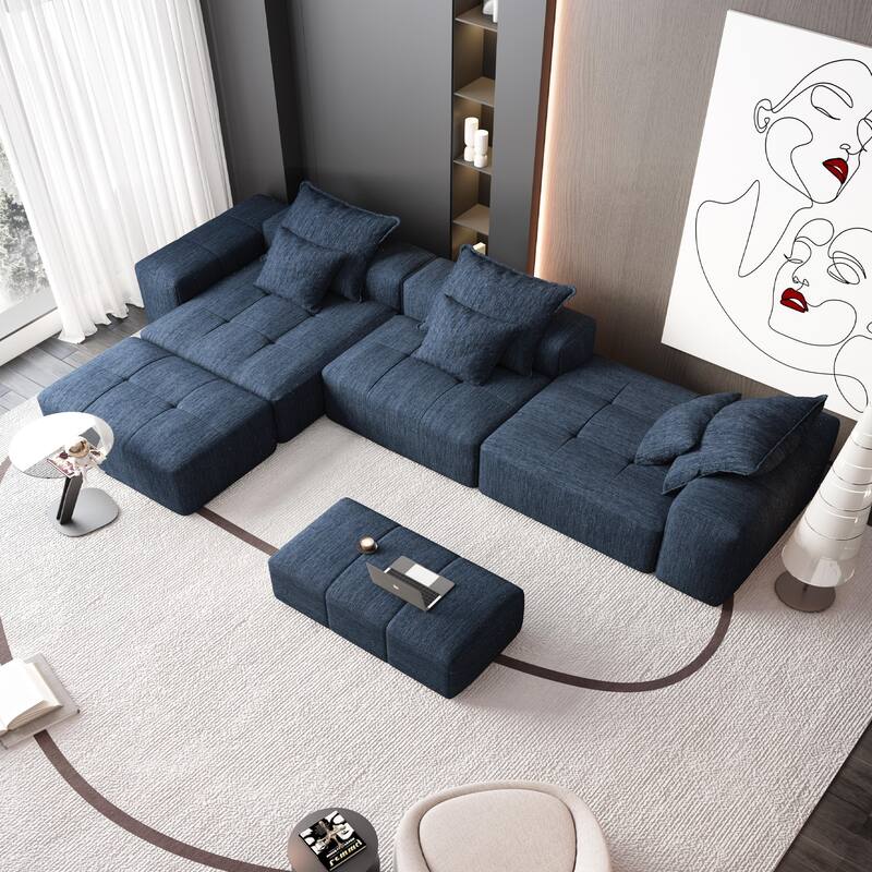 Modern Oversized Chenille Modular Sectional Sofa Tufted Sofa with 6 Pillows and Ottoman for Living Room