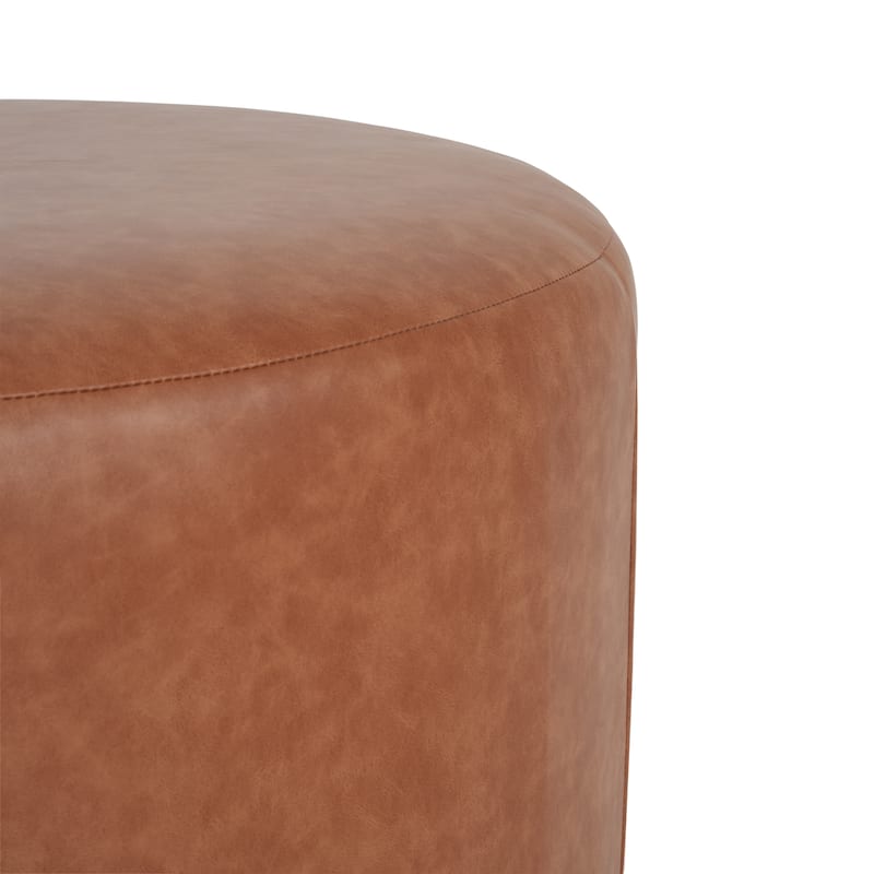 PU Leather Round Ottoman - Cognac Brown Upholstered Versatile Piece