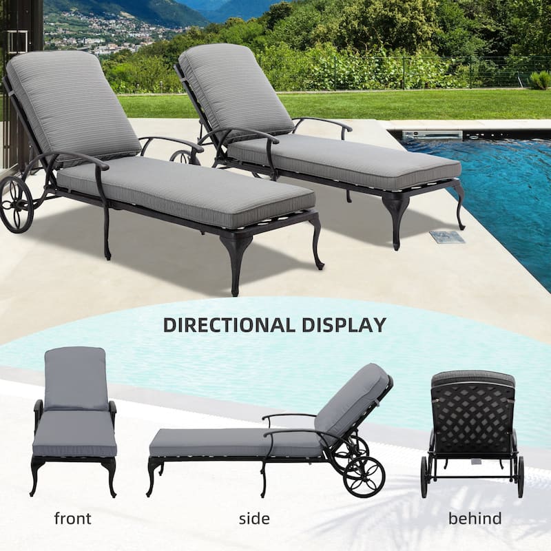 Aluminum Reclining Outdoor Chaise Lounge with Wheels and Cushions(set of 2)