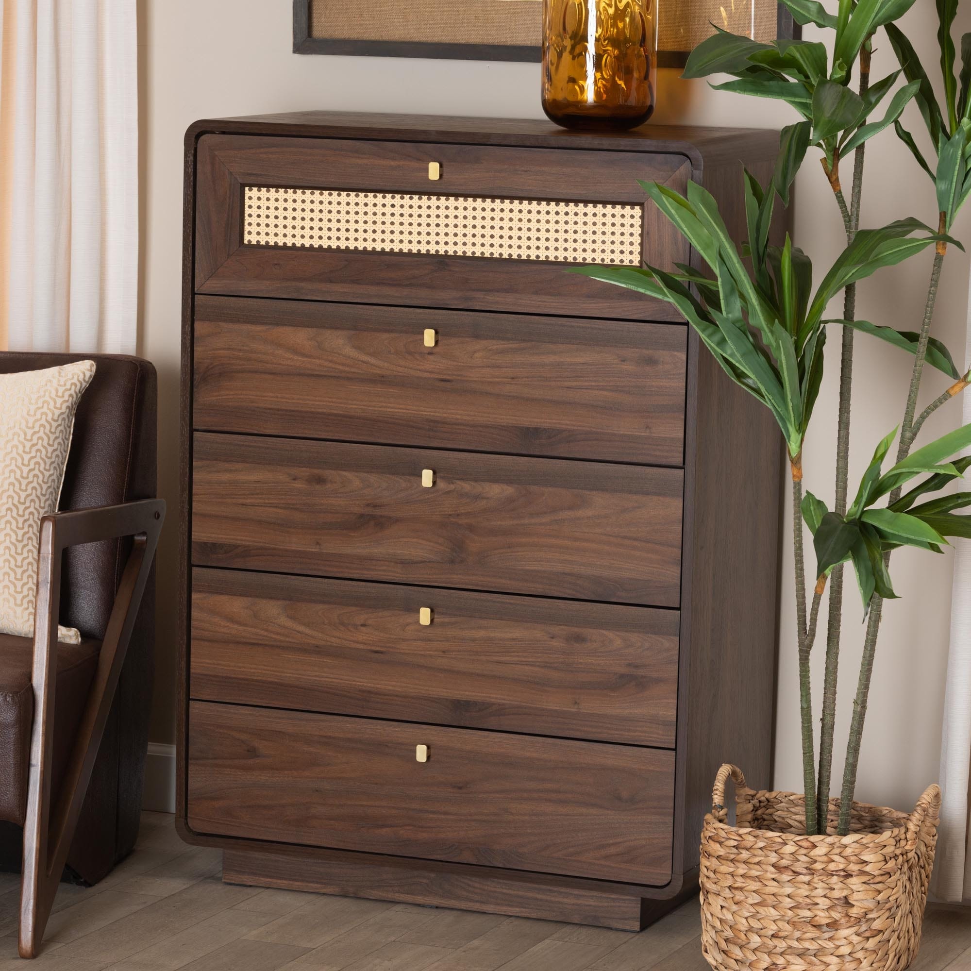 Jenibelle Classic Walnut Brown Wood 5-Drawer Chest with Rattan Drawer