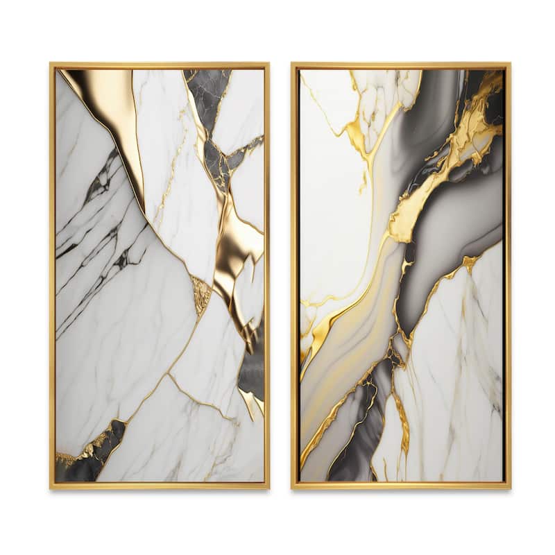 Designart "Abstract Geode Marble White And Gold" Abstract Marble Framed Canvas Set Of 2 For Living Room Decor