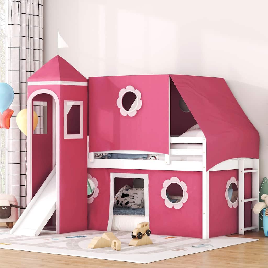 Castle Frame Bed Wood Loft Bed Loft Bed Convertible To Mini Playground with Pink Tent and Tower, Child Bed Tent
