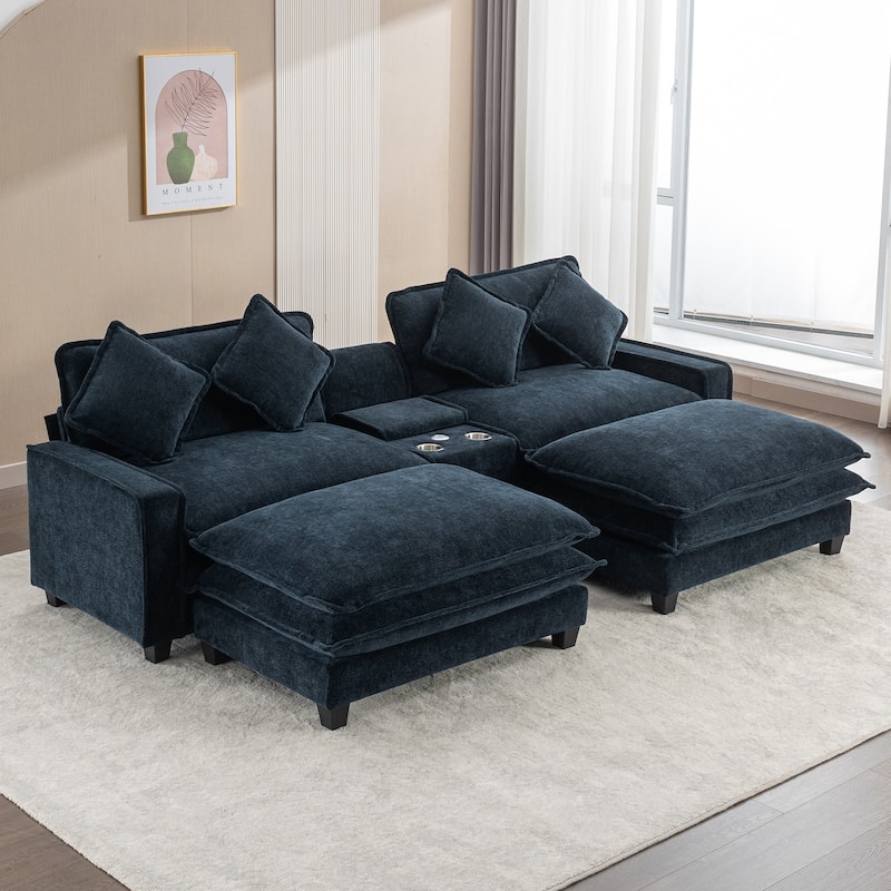111" Chenille Sectional Sofa Set with USB Ports & Cup Holders, Oversized Chaise Lounge Modular Loveseat with 2 Ottomans