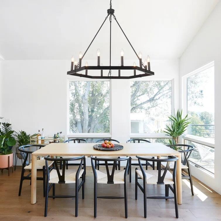 Modern Farmhouse 12-Light Hexagonal Design Wagon Wheel Chandelier for Dining Room Living Room Bedroom Kitchen - W35.43"x H27.83"