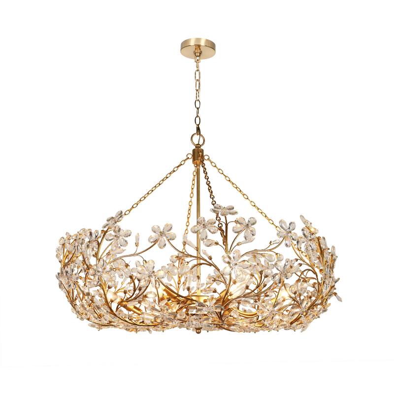 Luxury 12-Light Crystal Floral Chandelier Handcrafted Gold Foil Antique Statement Ceiling Light - Width 35" × Height 28.5"
