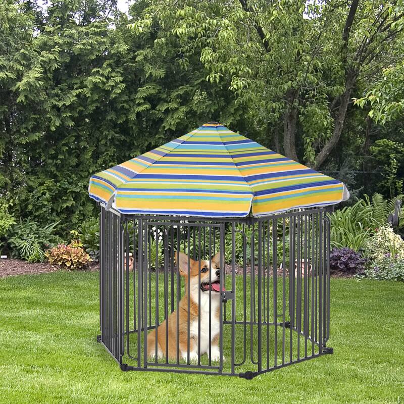 Outdoor Dog Playpen Pet Cage Kennel Puppy Exercise Fence Barrier with Weather-Resistant Polyester Roof Dog House - Black