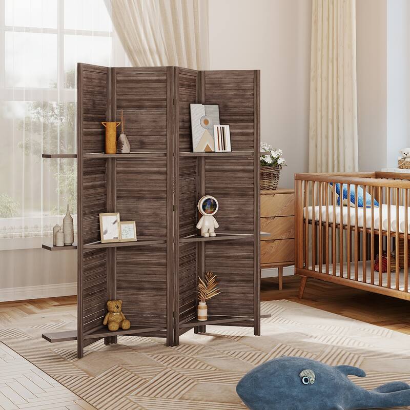 HOMCOM 4 Panel 67" Tall Wood Room Divider, Privacy Screen with 3 Display Shelves, and Folding Storage for Bedroom or Home Office