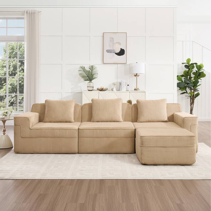 GDFStudio - Corduroy Modular 3-Seater 117.3" L-Shaped Boneless Cloud Sofa