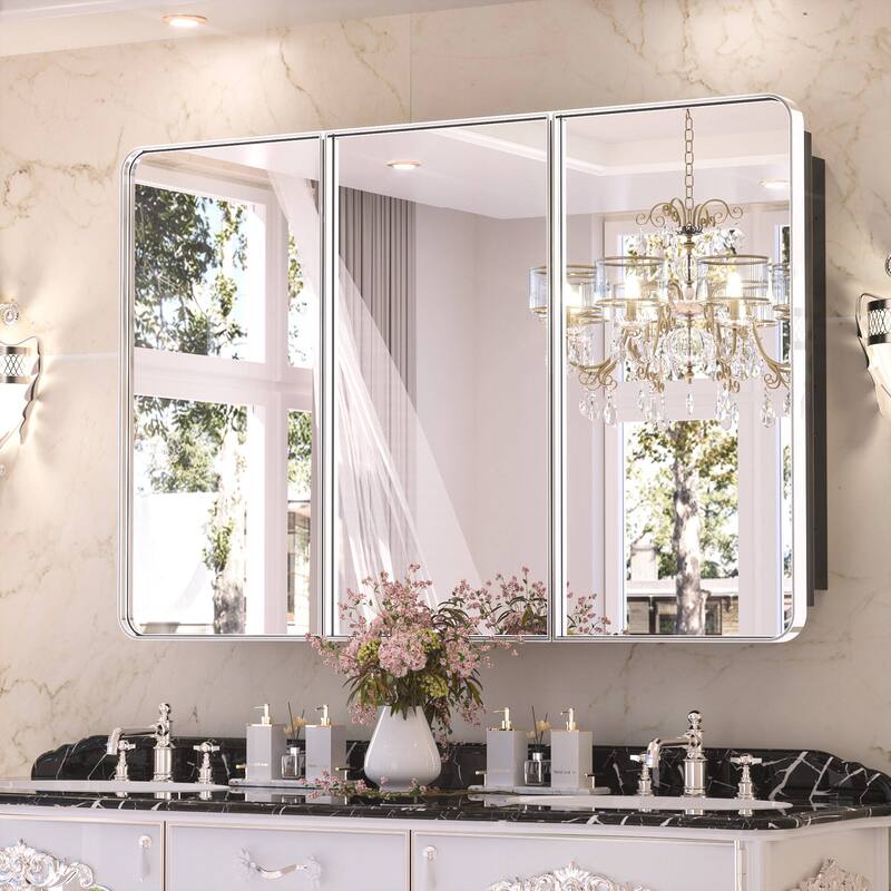KEONJINN Medicine Cabinets for Bathroom with Mirror, Stainless Steel 1-3 Framed Doors - 48x32 - Chrome