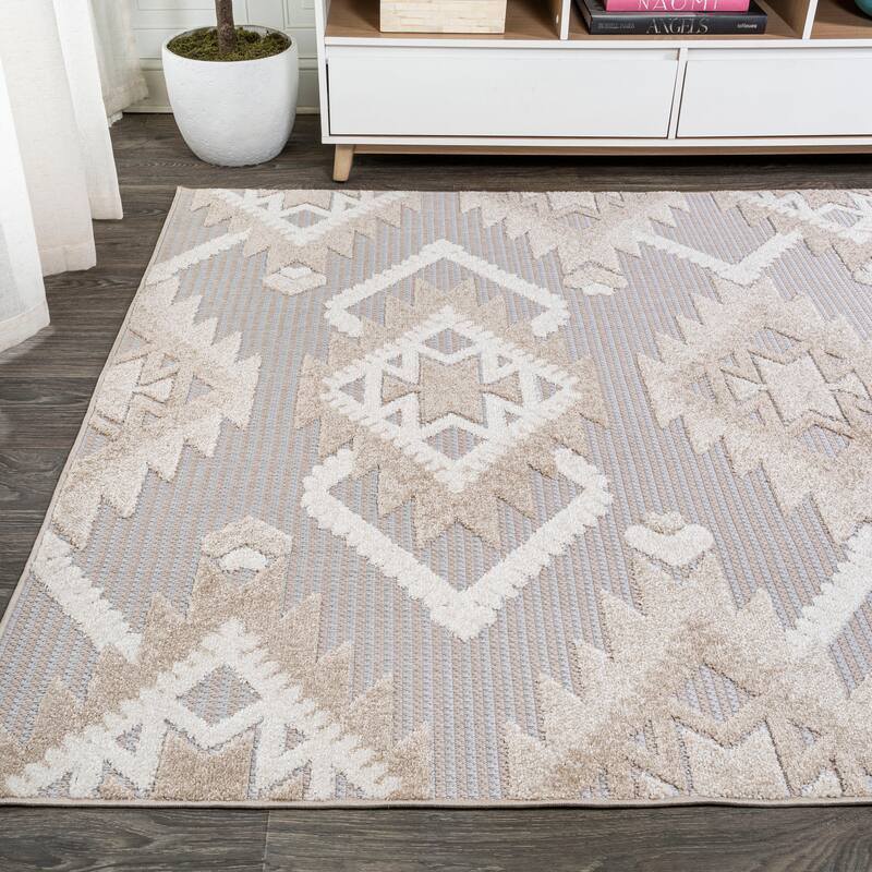 JONATHAN Y Duwun High-Low Pile Neutral Diamond Kilim Indoor/Outdoor Area Rug