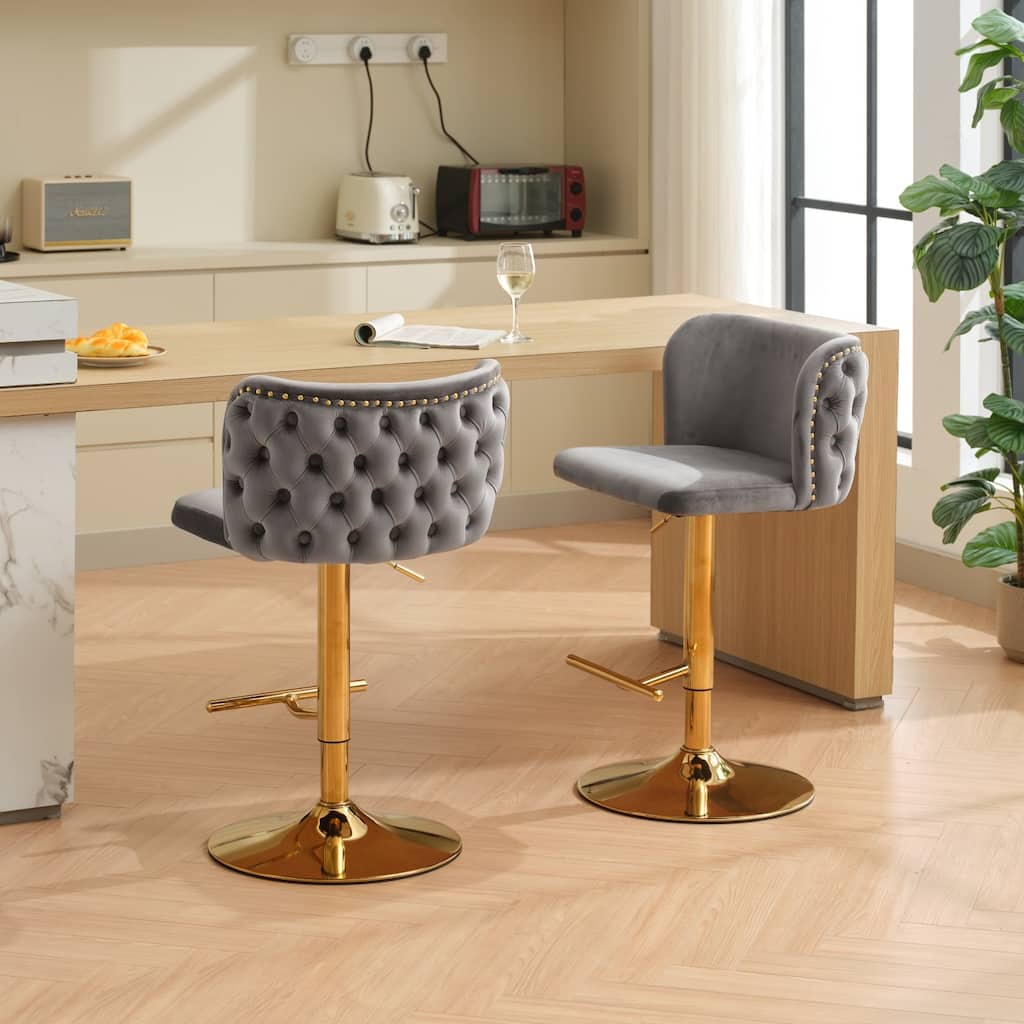 Modern Set of 2 Swivel Bar Stools with Buttoned Back Studded Trim, Gold-Plated Base Adjustable Height, for Kitchen Island