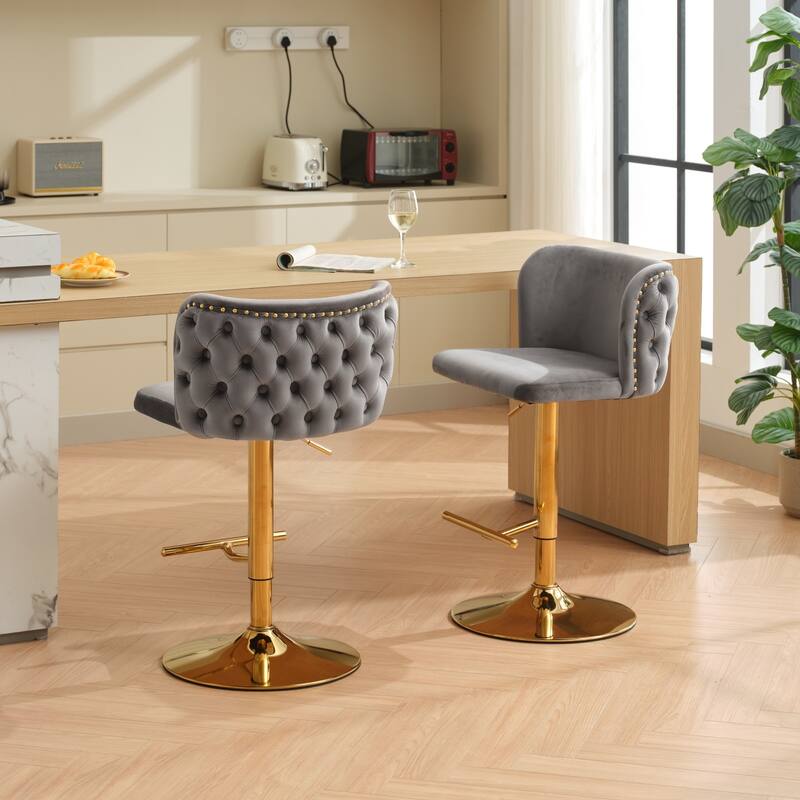 Set of 2 Modern Leather Upholstered Swivel Adjustable Height Tufted Bar Stools with Back