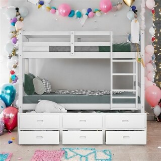 Twin over Twin Bunk Bed with Trundle & Drawers, Convertible to Captain Bed & Single Bed, Arched Headboard & Footboard, White