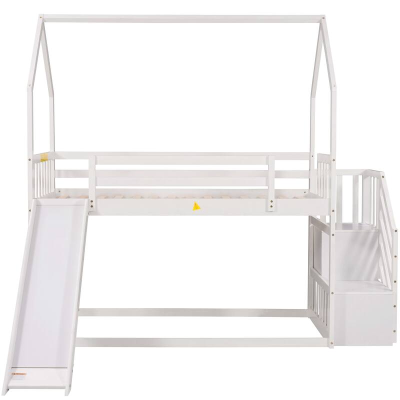 Convertible Twin Bunk Bed with Slide and Storage Staircase, White