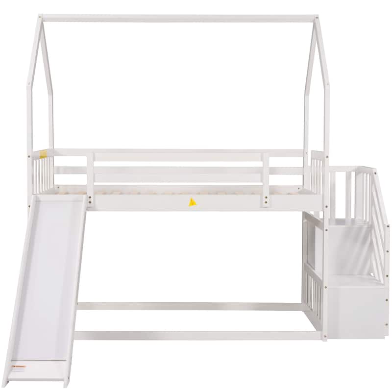 Twin Over Twin House Bunk Bed w/Convertible Slide, Storage Staircase