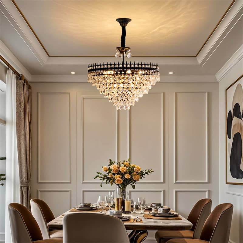 30/60CM Round Crystal Light Fixture with 3 Color Black Gold Crown Design Chandelier for Entryway, Living Room, Bedroom