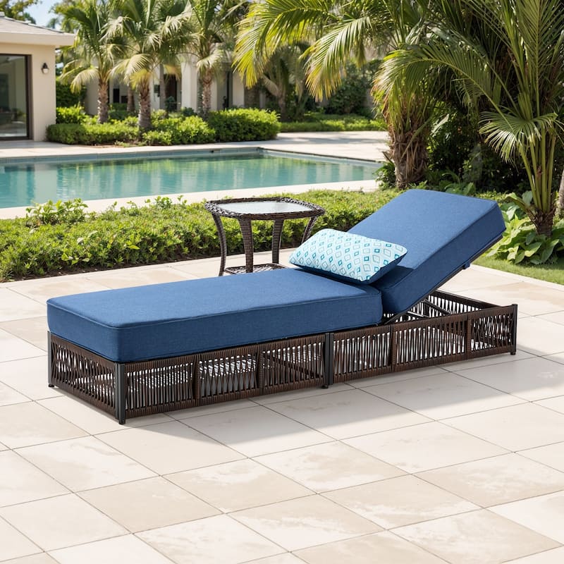 ArcoBay Brown Wicker Outdoor Patio Chaise Lounge with 5-Inch Thick Cushions and Side Table