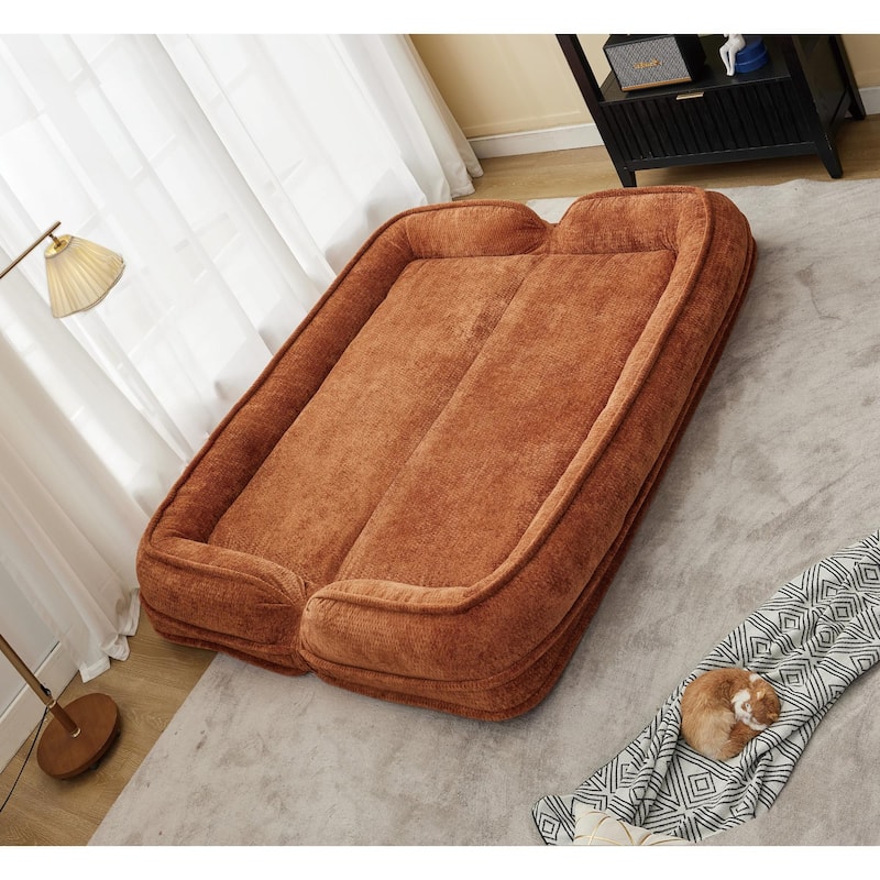 Pet Friendly Lazy Loveseat Sofa 2-in-1 Chenille Floor Couch Double Human Sleeper Bed with 5 Adjustable Position, Plump Pillows