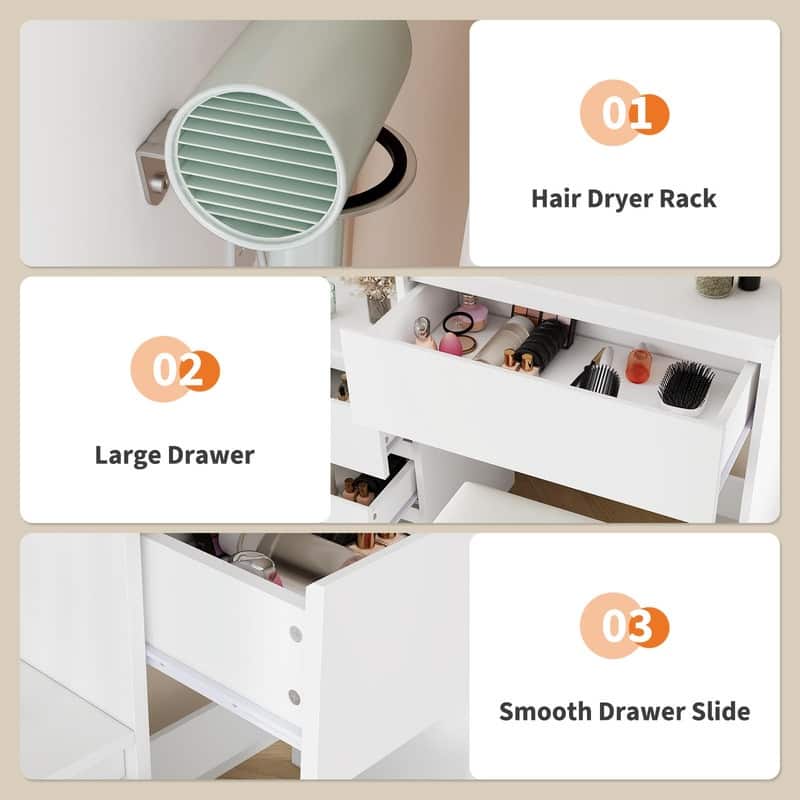 36" LED Vanity Desk with Lights, 4 Drawers & Charging Ports