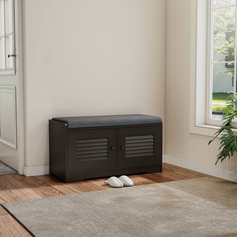 28.74" Shoe Storage Bench with 2 Door Cabinet, Entryway Bench Black Indoor Bench with Padded Seat and Adjustable Shelves