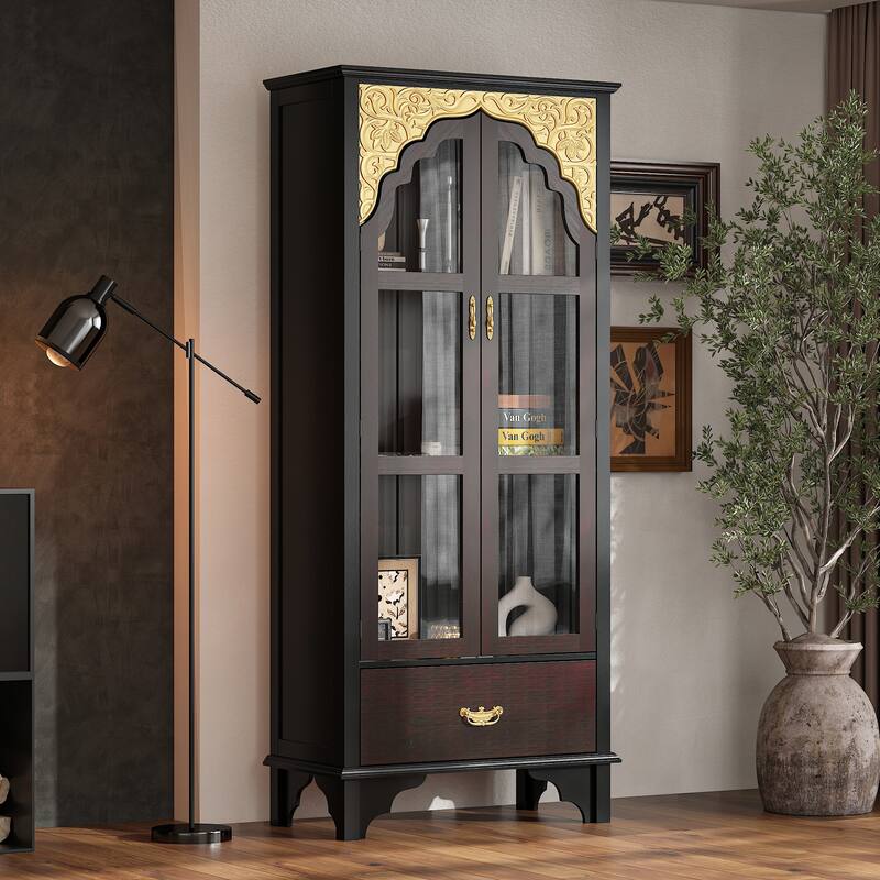 Boho Wood & MDF Display Cabinet with Tempered Glass Doors, Carved Arch Frame & Metal Handle Drawer