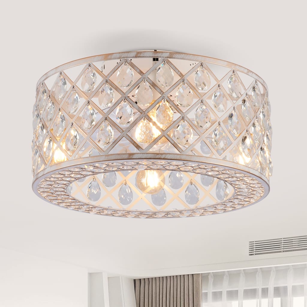 19.6'' Modern Crystal Flush Mount Ceiling Fan with Light and Remote, Glam Caged Chandelier Fan, 6 Speeds Ceiling Fan For Bedroom