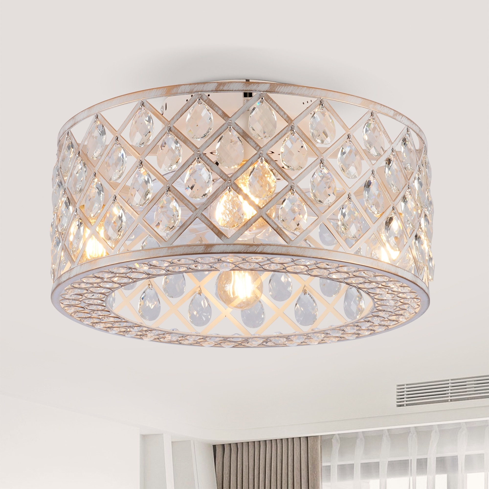 19.6'' Modern Crystal Flush Mount Ceiling Fan with Light and Remote, Glam Caged Chandelier Fan, 6 Speeds Ceiling Fan For Bedroom