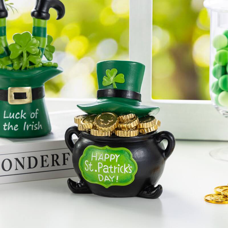 Glitzhome Set of 2 St Patrick's Resin Pot of Gold & Leprechaun Hat Table Decor
