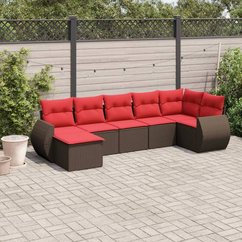 vidaXL 7/8 Piece Patio Sofa Set with Cushions Gray/Brown/Black Poly Rattan - 24.4" x 24.4" x 27.2" - Brown and red Without table