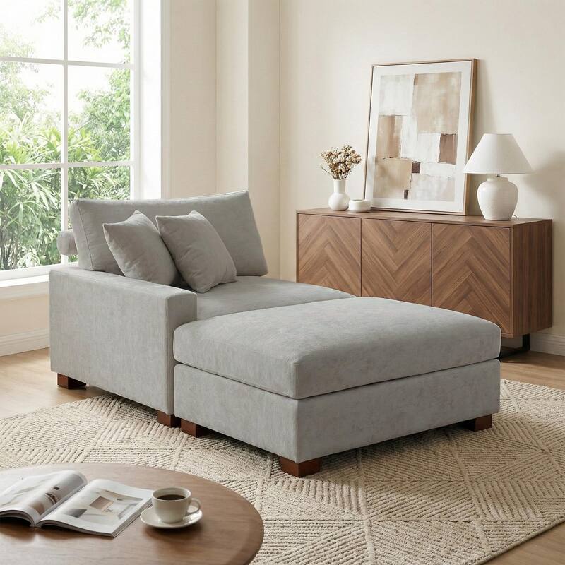 Modern Chenille Chaise Lounge Set with Ottoman