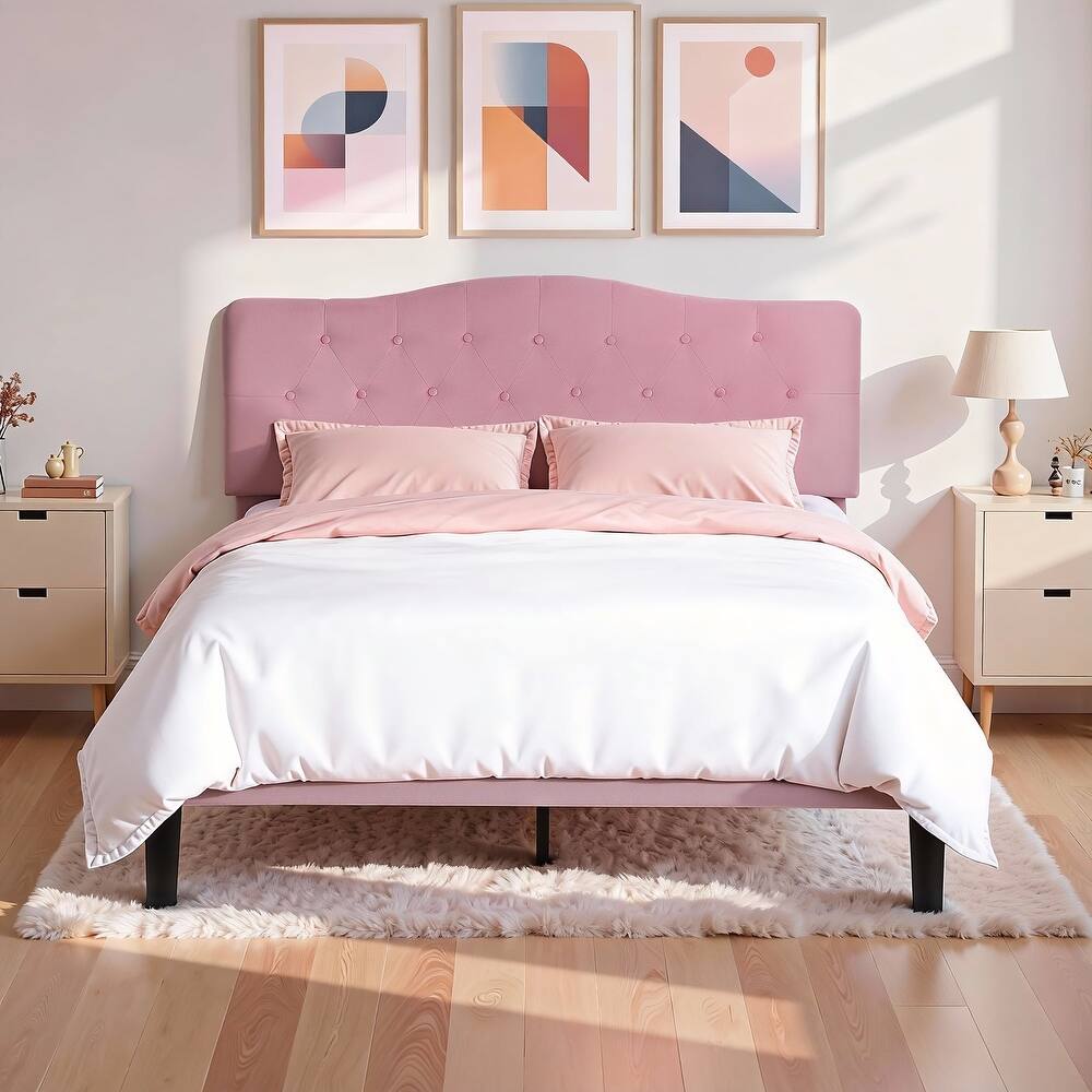 Javlergo Adjustable Height Upholstered Platform Bed Frame with Diamond Tufted Headboard No Box Spring Needed Bed Frame