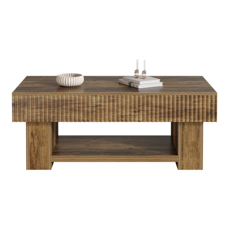 Large Wood Coffee Table with Storage, Farmhouse Rectangular Center Table with Open Shelf for Living Room