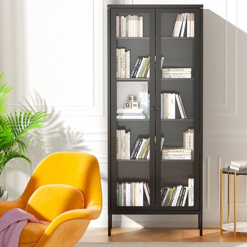 67" Display Curio Glass Metal Storage Cabinet Bookshelves with Glass Doors and 4 Adjustable Shelves - Black
