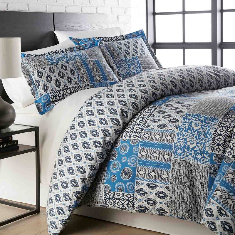 Global Patchwork Down Alternative Comforter and Sham Set - King - Blue - 3 Piece