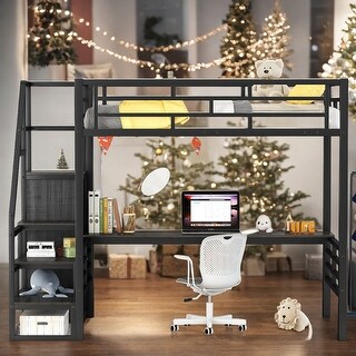 Full Size Loft Bed With Desk,Storage Staircase And Wardrobe for Home