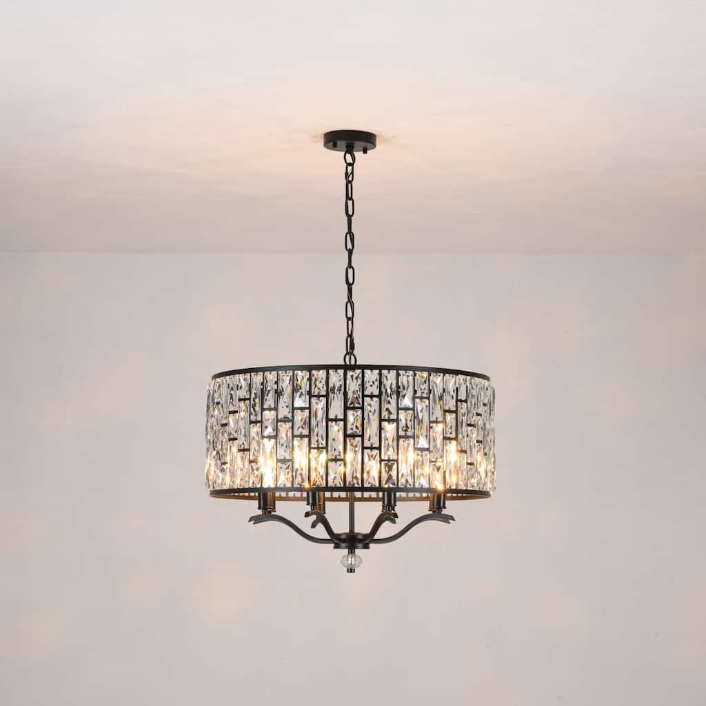 8-Light Modern Glam Black Faceted Crystal Chandelier with Cylinder Drum Shade for Dining Room, Living Room