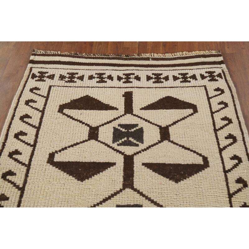 Natural Dye Beige Tribal Anatolian Runner Rug Handmade Wool Carpet - 3'6"x 11'4"