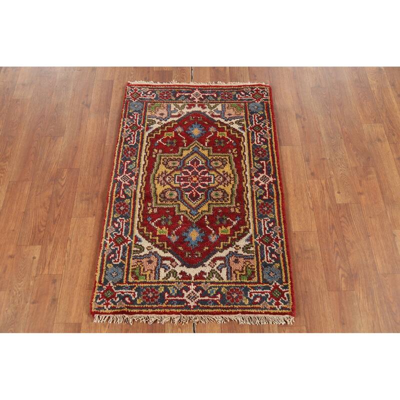 Red Geometric Heriz-Serapi Indian Accent Rug Hand-Knotted Wool Carpet - 2'0"x 3'0"