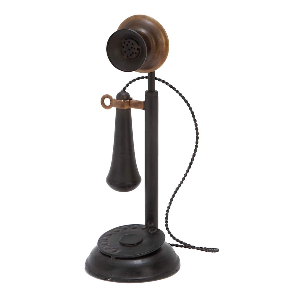 Black Metal Decorative Vintage Style Telephone Decorative Sculpture with Tiered Base and Coil Wire Detailing - 5"W x 5"L x 13"H