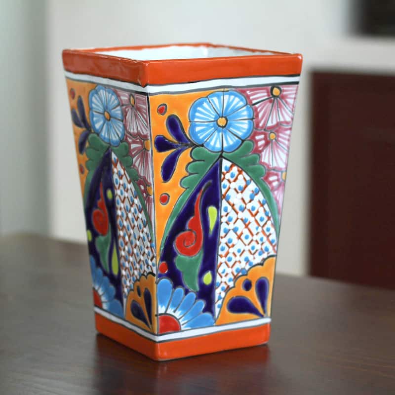 Novica Handmade Talavera Symmetry Ceramic Vase
