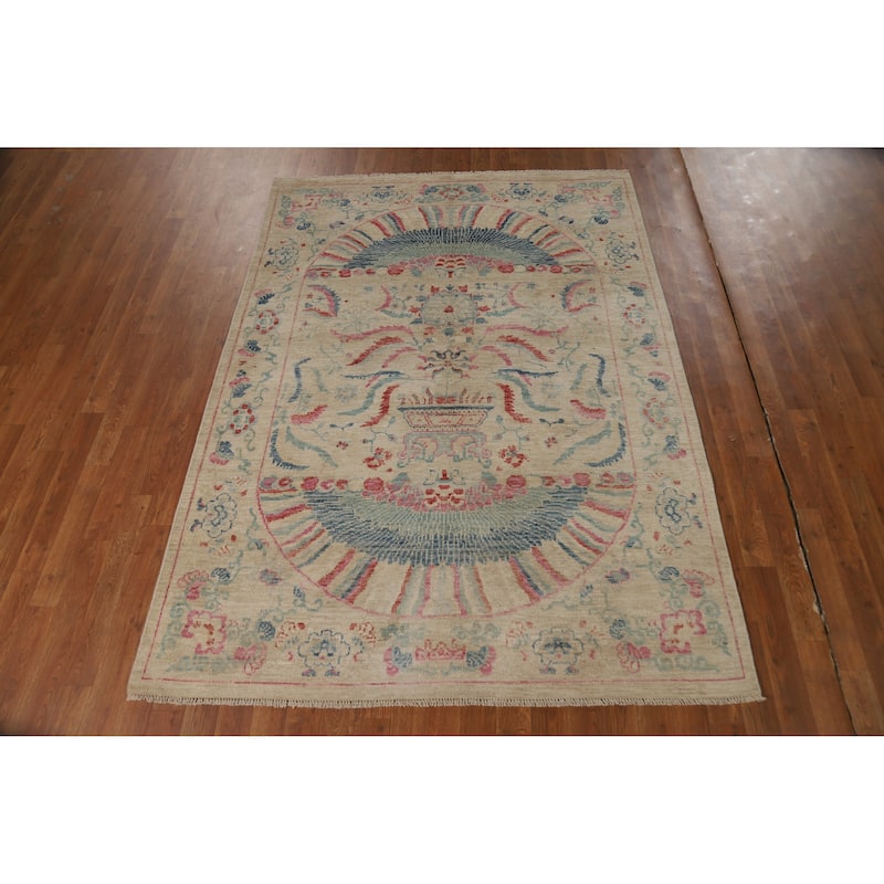 Vegetable Dye Beige Art Deco Turkish Rug Hand-Knotted Wool Carpet - 5'0"x 6'11"