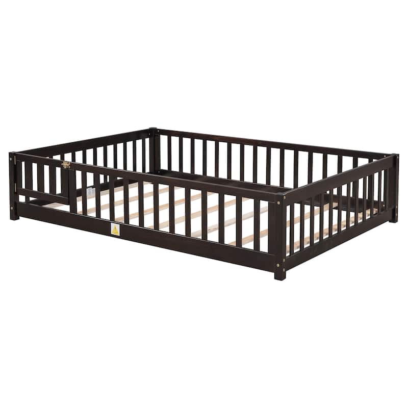 Full size Floor Platform Bed with Fence and Door for kids, toddlers