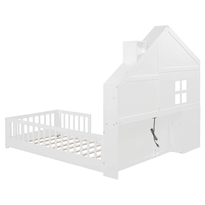 Roomfitters Twin/Full Size House Bed with Shelves, USB Port, Window Design and Side Compartments, White