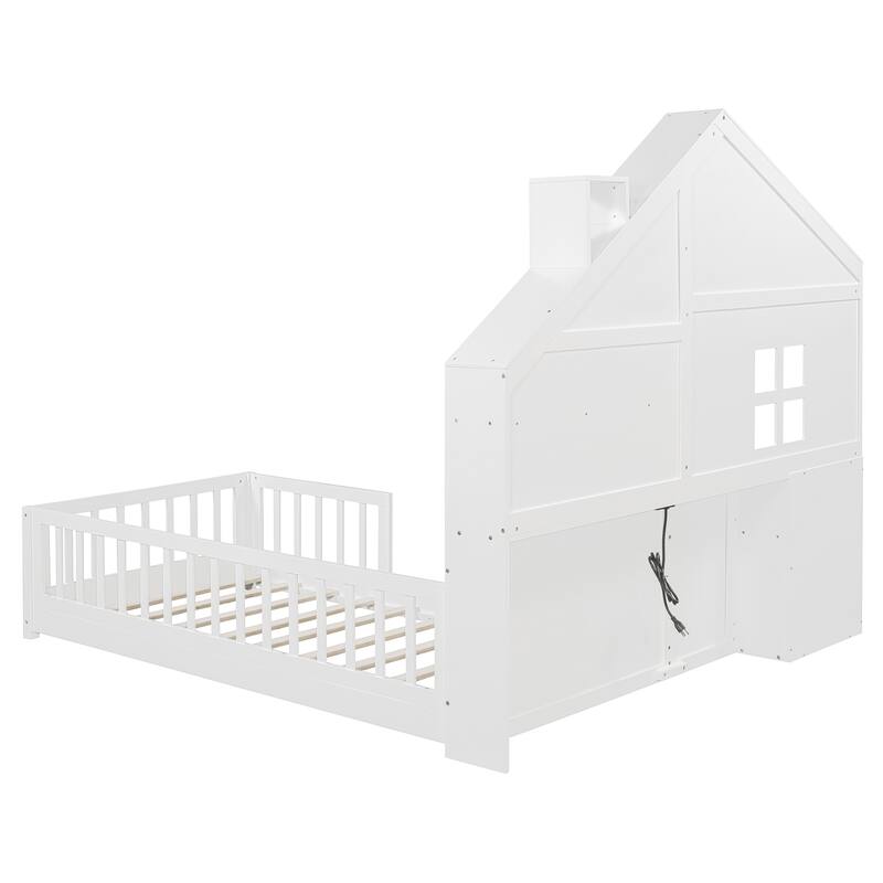 Twin Size House Platform Bed with Shelves, USB Port, and Drawers, White