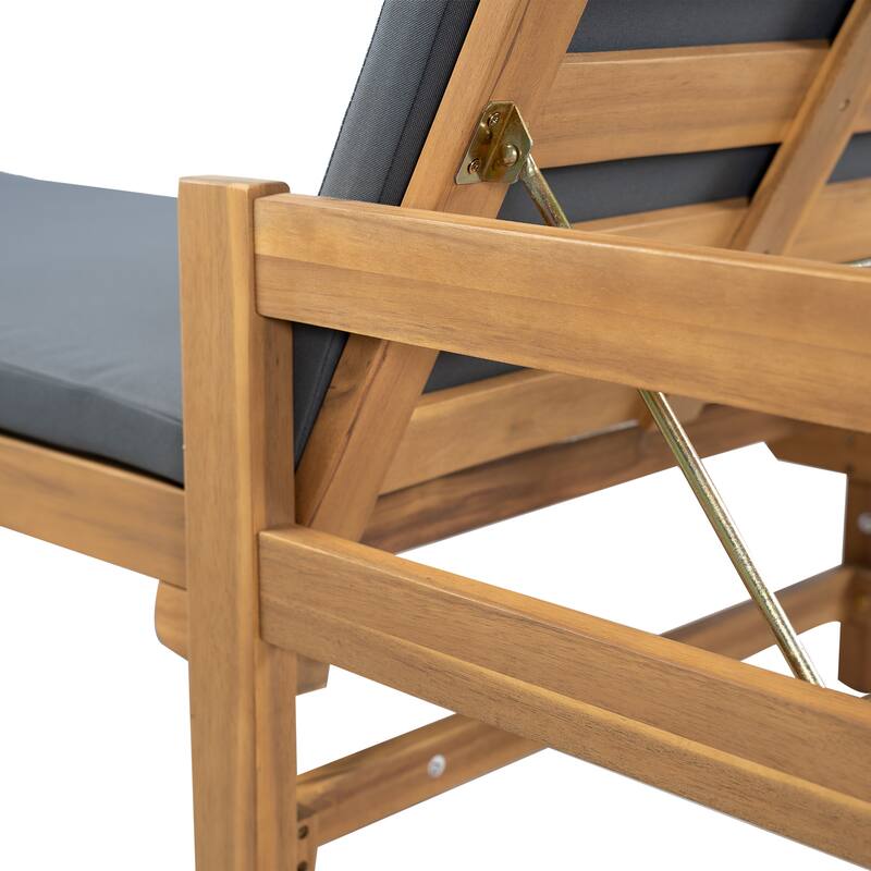 Roomfitters Outdoor Acacia Wood Chaise Lounge with Adjustable Backrest and Cushioned Seat for Patio or Poolside, Dark Gray