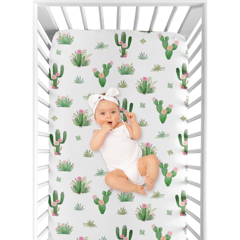 Sweet Jojo Designs Pink Green Boho Watercolor Cactus Floral Collection Fitted Crib Sheet