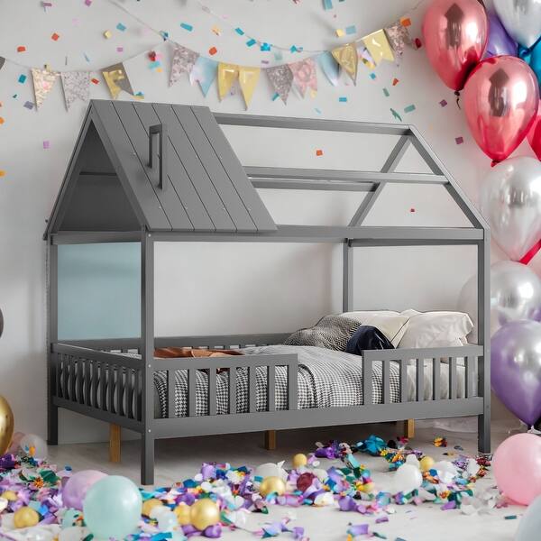 slide 2 of 27, Full Size Wood House Bed With Fence,Solid Construction for Home Grey