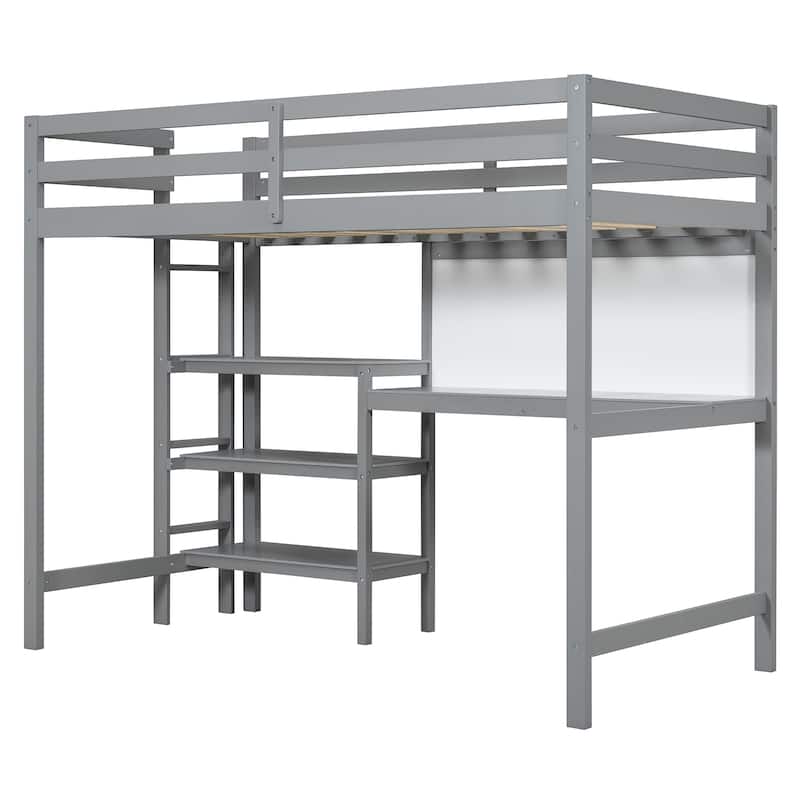 Space-Saving Twin Loft Bed with Shelves, Desk & Writing Board - Gray