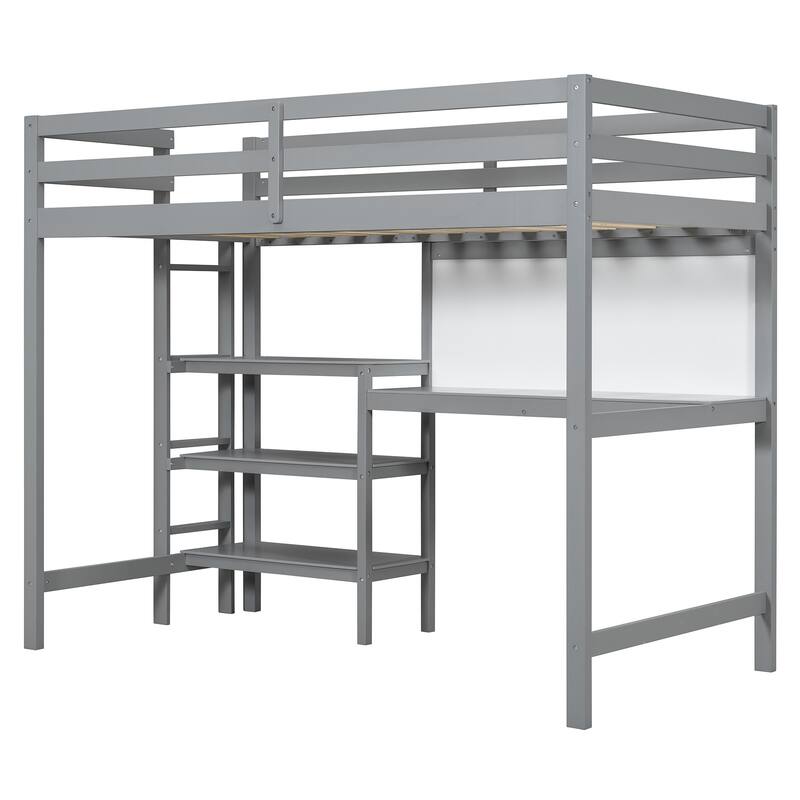 Twin Size Wooden Loft Bed with Desk, Shelves, and Writing Board