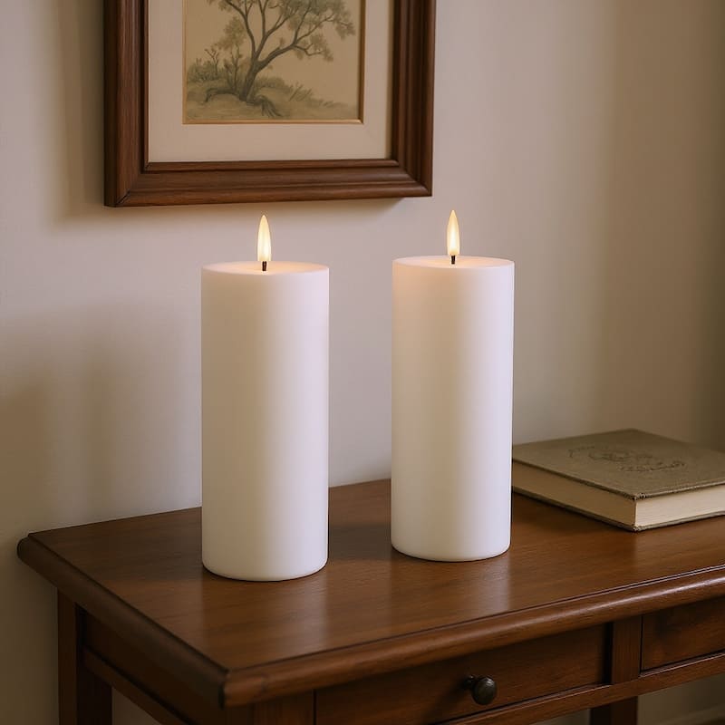 Set of Two White Flameless Pillar Candles - White